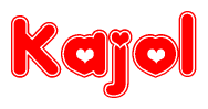 The image is a red and white graphic with the word Kajol written in a decorative script. Each letter in  is contained within its own outlined bubble-like shape. Inside each letter, there is a white heart symbol.