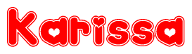 The image is a red and white graphic with the word Karissa written in a decorative script. Each letter in  is contained within its own outlined bubble-like shape. Inside each letter, there is a white heart symbol.