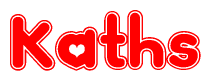 The image is a red and white graphic with the word Kaths written in a decorative script. Each letter in  is contained within its own outlined bubble-like shape. Inside each letter, there is a white heart symbol.