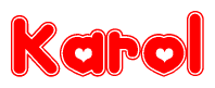 The image is a red and white graphic with the word Karol written in a decorative script. Each letter in  is contained within its own outlined bubble-like shape. Inside each letter, there is a white heart symbol.