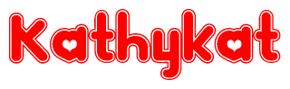 The image is a red and white graphic with the word Kathykat written in a decorative script. Each letter in  is contained within its own outlined bubble-like shape. Inside each letter, there is a white heart symbol.