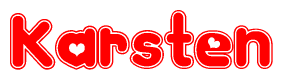 The image is a clipart featuring the word Karsten written in a stylized font with a heart shape replacing inserted into the center of each letter. The color scheme of the text and hearts is red with a light outline.