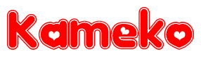 The image is a red and white graphic with the word Kameko written in a decorative script. Each letter in  is contained within its own outlined bubble-like shape. Inside each letter, there is a white heart symbol.