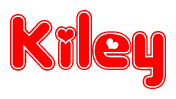 The image is a red and white graphic with the word Kiley written in a decorative script. Each letter in  is contained within its own outlined bubble-like shape. Inside each letter, there is a white heart symbol.