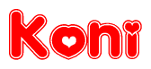 The image displays the word Koni written in a stylized red font with hearts inside the letters.