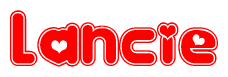 The image displays the word Lancie written in a stylized red font with hearts inside the letters.