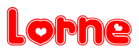 The image is a clipart featuring the word Lorne written in a stylized font with a heart shape replacing inserted into the center of each letter. The color scheme of the text and hearts is red with a light outline.