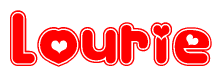 The image is a red and white graphic with the word Lourie written in a decorative script. Each letter in  is contained within its own outlined bubble-like shape. Inside each letter, there is a white heart symbol.