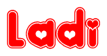 The image is a clipart featuring the word Ladi written in a stylized font with a heart shape replacing inserted into the center of each letter. The color scheme of the text and hearts is red with a light outline.