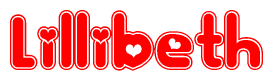 The image is a red and white graphic with the word Lillibeth written in a decorative script. Each letter in  is contained within its own outlined bubble-like shape. Inside each letter, there is a white heart symbol.