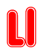 The image is a red and white graphic with the word Ll written in a decorative script. Each letter in  is contained within its own outlined bubble-like shape. Inside each letter, there is a white heart symbol.