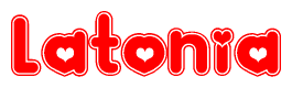 The image is a red and white graphic with the word Latonia written in a decorative script. Each letter in  is contained within its own outlined bubble-like shape. Inside each letter, there is a white heart symbol.