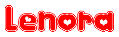 The image is a red and white graphic with the word Lenora written in a decorative script. Each letter in  is contained within its own outlined bubble-like shape. Inside each letter, there is a white heart symbol.