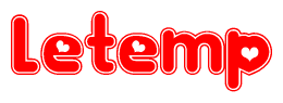 The image is a red and white graphic with the word Letemp written in a decorative script. Each letter in  is contained within its own outlined bubble-like shape. Inside each letter, there is a white heart symbol.