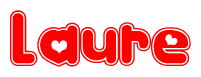 The image is a red and white graphic with the word Laure written in a decorative script. Each letter in  is contained within its own outlined bubble-like shape. Inside each letter, there is a white heart symbol.