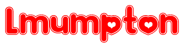 The image is a red and white graphic with the word Lmumpton written in a decorative script. Each letter in  is contained within its own outlined bubble-like shape. Inside each letter, there is a white heart symbol.
