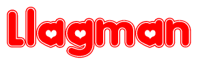 The image is a red and white graphic with the word Llagman written in a decorative script. Each letter in  is contained within its own outlined bubble-like shape. Inside each letter, there is a white heart symbol.
