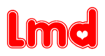 The image is a red and white graphic with the word Lmd written in a decorative script. Each letter in  is contained within its own outlined bubble-like shape. Inside each letter, there is a white heart symbol.