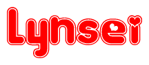 The image is a red and white graphic with the word Lynsei written in a decorative script. Each letter in  is contained within its own outlined bubble-like shape. Inside each letter, there is a white heart symbol.