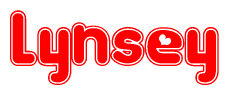 The image is a red and white graphic with the word Lynsey written in a decorative script. Each letter in  is contained within its own outlined bubble-like shape. Inside each letter, there is a white heart symbol.