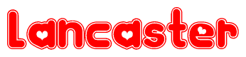 The image displays the word Lancaster written in a stylized red font with hearts inside the letters.