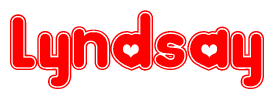 The image is a clipart featuring the word Lyndsay written in a stylized font with a heart shape replacing inserted into the center of each letter. The color scheme of the text and hearts is red with a light outline.