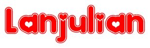 The image is a red and white graphic with the word Lanjulian written in a decorative script. Each letter in  is contained within its own outlined bubble-like shape. Inside each letter, there is a white heart symbol.