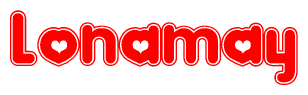 The image is a clipart featuring the word Lonamay written in a stylized font with a heart shape replacing inserted into the center of each letter. The color scheme of the text and hearts is red with a light outline.