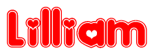 The image is a clipart featuring the word Lilliam written in a stylized font with a heart shape replacing inserted into the center of each letter. The color scheme of the text and hearts is red with a light outline.