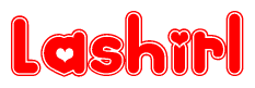 The image is a clipart featuring the word Lashirl written in a stylized font with a heart shape replacing inserted into the center of each letter. The color scheme of the text and hearts is red with a light outline.