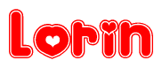 The image is a red and white graphic with the word Lorin written in a decorative script. Each letter in  is contained within its own outlined bubble-like shape. Inside each letter, there is a white heart symbol.