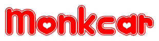 The image is a red and white graphic with the word Monkcar written in a decorative script. Each letter in  is contained within its own outlined bubble-like shape. Inside each letter, there is a white heart symbol.