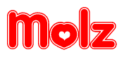 The image is a red and white graphic with the word Molz written in a decorative script. Each letter in  is contained within its own outlined bubble-like shape. Inside each letter, there is a white heart symbol.