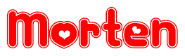 The image is a clipart featuring the word Morten written in a stylized font with a heart shape replacing inserted into the center of each letter. The color scheme of the text and hearts is red with a light outline.