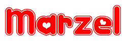 The image is a red and white graphic with the word Marzel written in a decorative script. Each letter in  is contained within its own outlined bubble-like shape. Inside each letter, there is a white heart symbol.