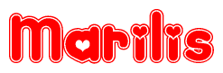 The image is a red and white graphic with the word Marilis written in a decorative script. Each letter in  is contained within its own outlined bubble-like shape. Inside each letter, there is a white heart symbol.