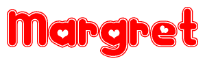 The image is a red and white graphic with the word Margret written in a decorative script. Each letter in  is contained within its own outlined bubble-like shape. Inside each letter, there is a white heart symbol.