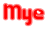   The image is a clipart featuring the word Mye written in a stylized font with a heart shape replacing inserted into the center of each letter. The color scheme of the text and hearts is red with a light outline. 