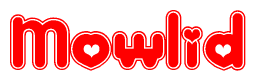 The image displays the word Mowlid written in a stylized red font with hearts inside the letters.