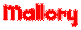 The image is a red and white graphic with the word Mallory written in a decorative script. Each letter in  is contained within its own outlined bubble-like shape. Inside each letter, there is a white heart symbol.