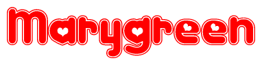 The image is a clipart featuring the word Marygreen written in a stylized font with a heart shape replacing inserted into the center of each letter. The color scheme of the text and hearts is red with a light outline.