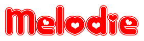 The image is a clipart featuring the word Melodie written in a stylized font with a heart shape replacing inserted into the center of each letter. The color scheme of the text and hearts is red with a light outline.