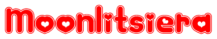 The image is a clipart featuring the word Moonlitsiera written in a stylized font with a heart shape replacing inserted into the center of each letter. The color scheme of the text and hearts is red with a light outline.