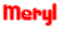 The image is a red and white graphic with the word Meryl written in a decorative script. Each letter in  is contained within its own outlined bubble-like shape. Inside each letter, there is a white heart symbol.