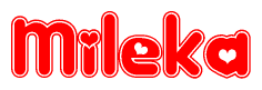The image is a red and white graphic with the word Mileka written in a decorative script. Each letter in  is contained within its own outlined bubble-like shape. Inside each letter, there is a white heart symbol.
