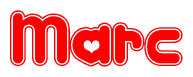 The image is a red and white graphic with the word Marc written in a decorative script. Each letter in  is contained within its own outlined bubble-like shape. Inside each letter, there is a white heart symbol.