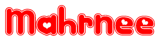 The image is a clipart featuring the word Mahrnee written in a stylized font with a heart shape replacing inserted into the center of each letter. The color scheme of the text and hearts is red with a light outline.