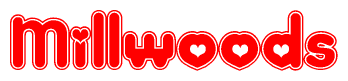   The image is a red and white graphic with the word Millwoods written in a decorative script. Each letter in  is contained within its own outlined bubble-like shape. Inside each letter, there is a white heart symbol. 
