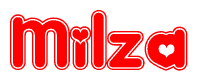 The image is a red and white graphic with the word Milza written in a decorative script. Each letter in  is contained within its own outlined bubble-like shape. Inside each letter, there is a white heart symbol.