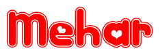 The image displays the word Mehar written in a stylized red font with hearts inside the letters.